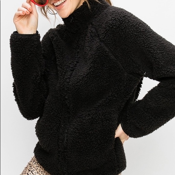 🐻BLACK FULL ZIP PLUSH FLEECE COAT W/POCKETS - Picture 2 of 4